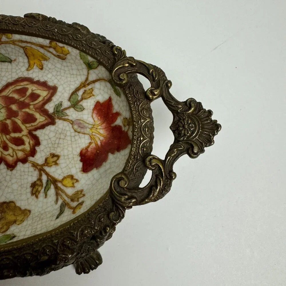 Vintage Chinese Brass and Porcelain Footed Floral Trinket Dish